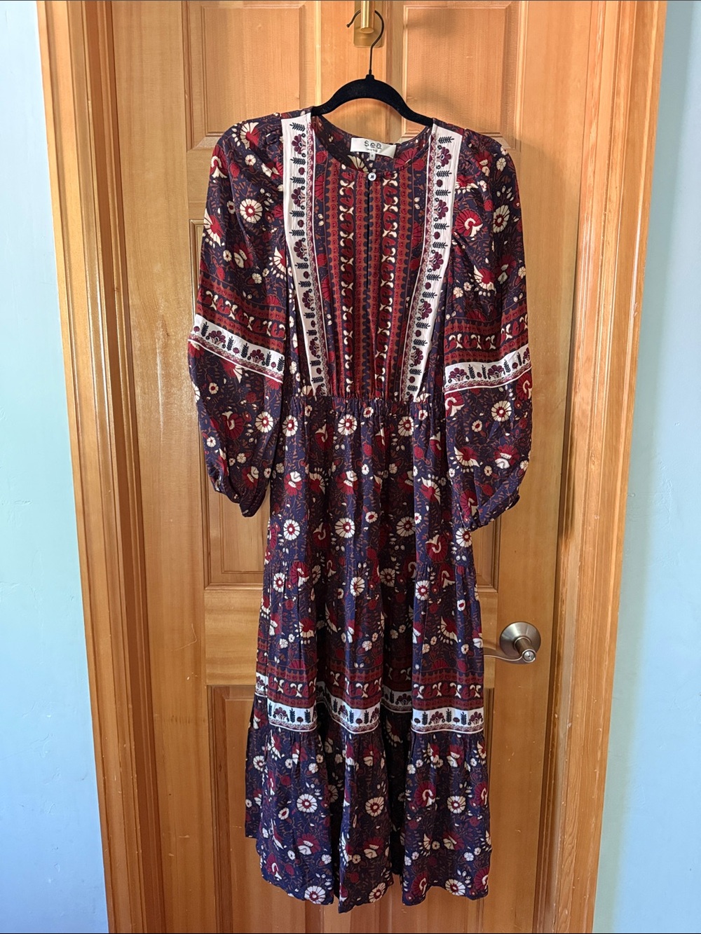 Sea New York Burgundy and Navy Long-Sleeve Boho Midi Dress